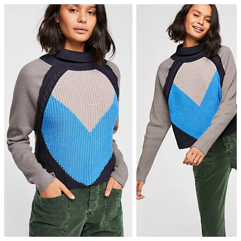 Free People Colorblock Blue Navy Grey Cropped Turtleneck Knit Sweater